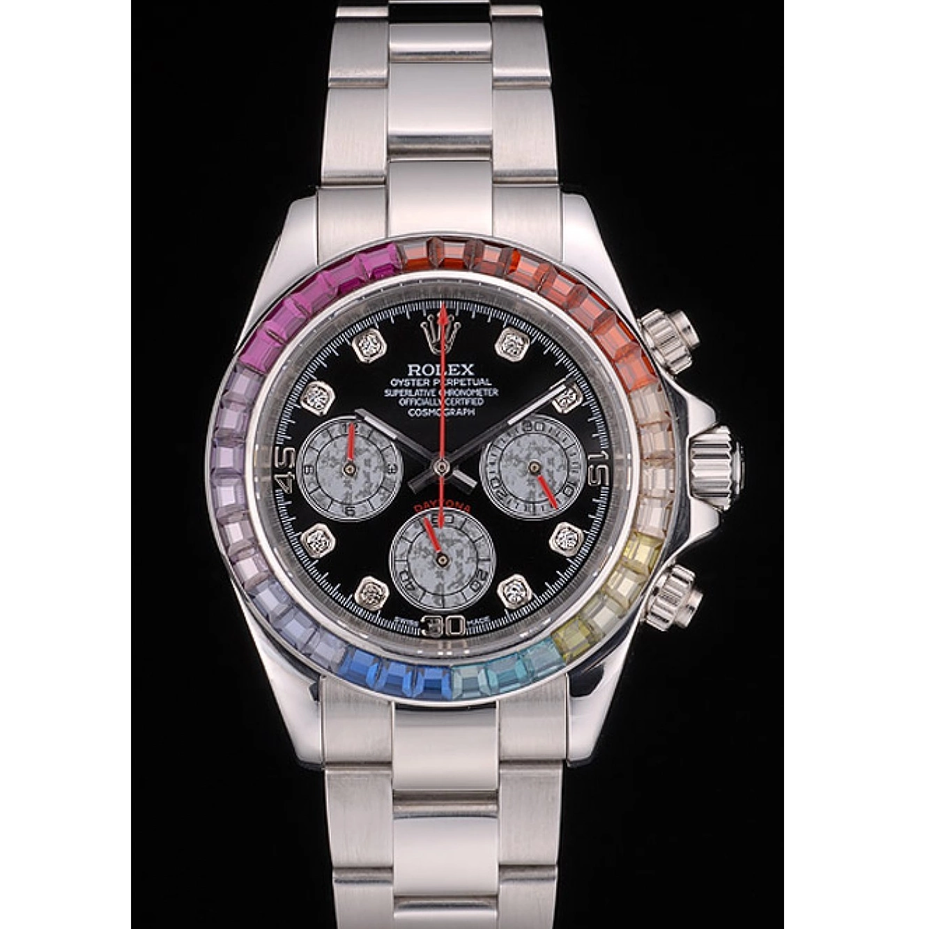 Best AAA Replica Sites Daytona Crystals 80250 Dial Rainbow Rolex Steep Black Strap Stainless Bezel Cosmograph 0704